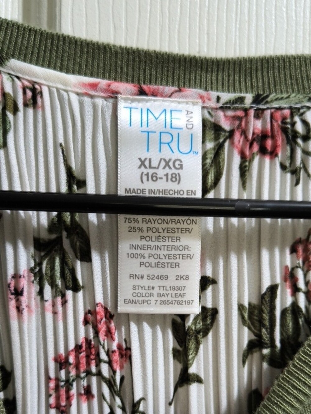 Time and Tru Olive Green Layered Look Top with Floral Insert - Picture 3 of 4